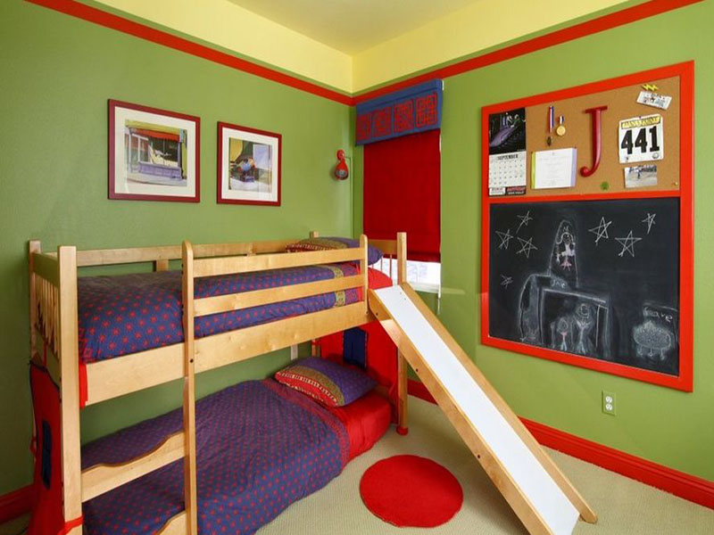 children bedroom with bunk bed slide